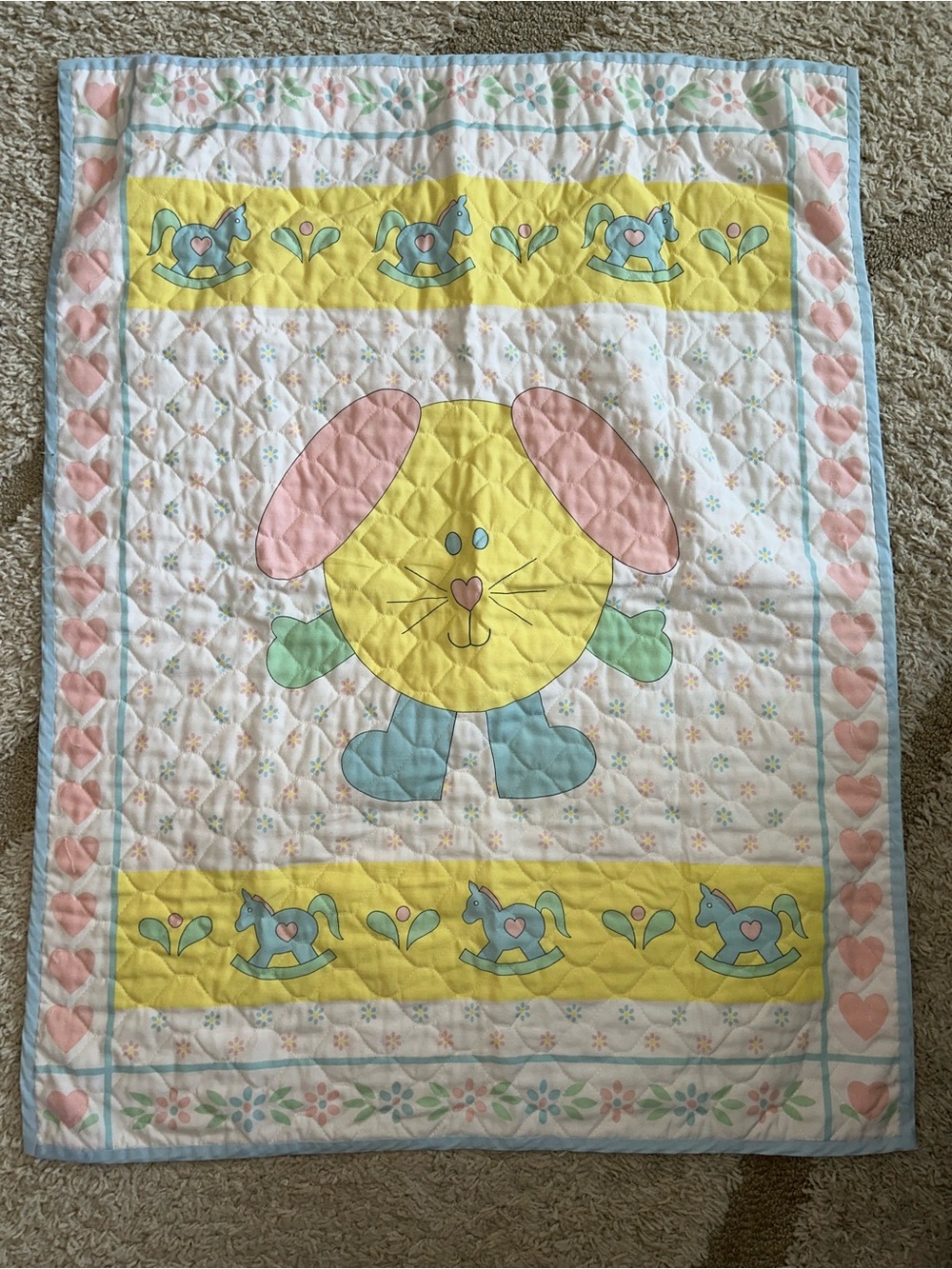 Vintage Baby Quilt Blanket with Bunny and Rocking Horses stains on back